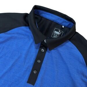 Puma Golf Mens Large Blue Black Striped DryCell Polo Shirt Raglan Sleeve
